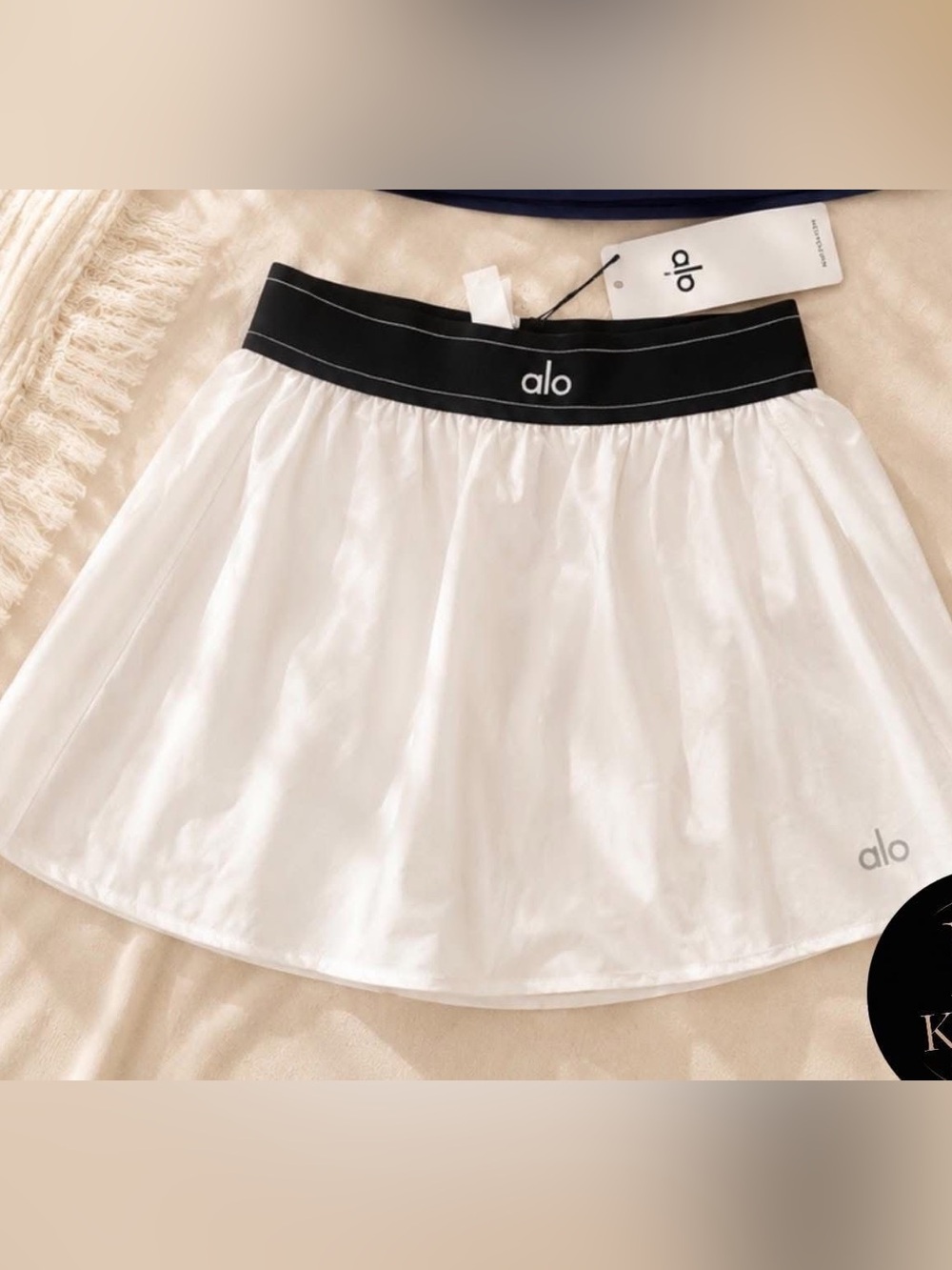 ALO Yoga White Skater Skirt with Black Elastic Waistband